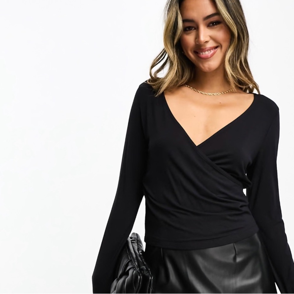 ASOS DESIGN long sleeve wrap top in black